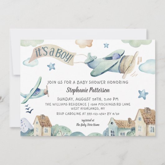 かわいい水彩飛行機ベイビーシャワー 招待状 (正面)