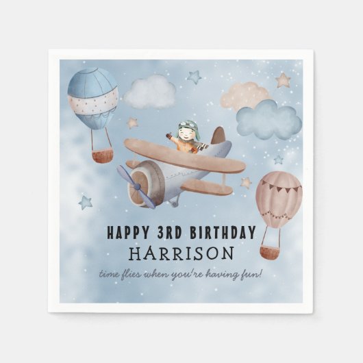 かわいい水彩飛行機ボーイバースデーパーティー スタンダードカクテルナプキン (正面)