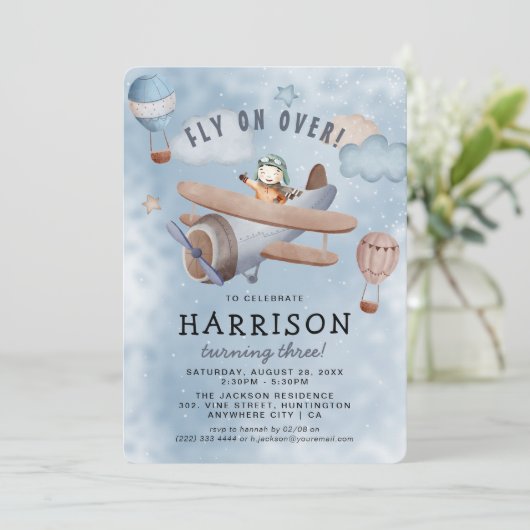 かわいい水彩飛行機ボーイバースデーパーティー 招待状 (スタンド正面)