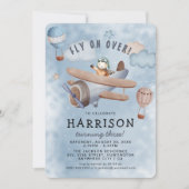 かわいい水彩飛行機ボーイバースデーパーティー 招待状 (正面)