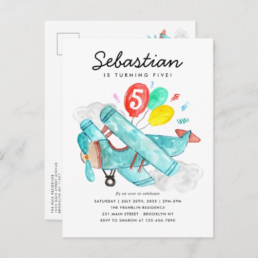 かわいい水彩飛行機風船飛行機誕生日 ポストカード (正面/裏面)