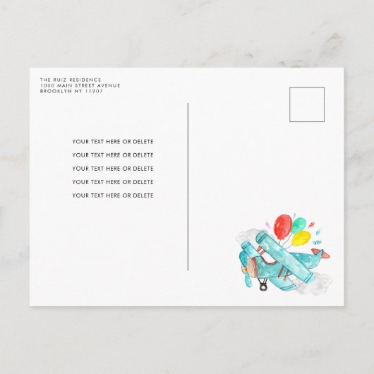 かわいい水彩飛行機風船飛行機誕生日 ポストカード (裏面)
