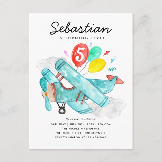 かわいい水彩飛行機風船飛行機誕生日 ポストカード (正面)