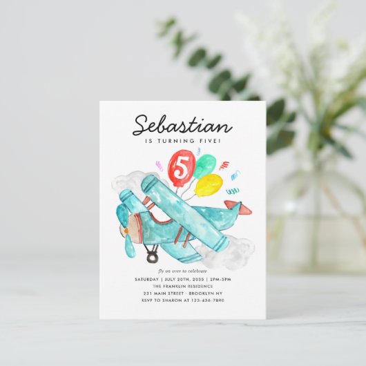 かわいい水彩飛行機風船 誕生日 ポストカード (スタンド正面)