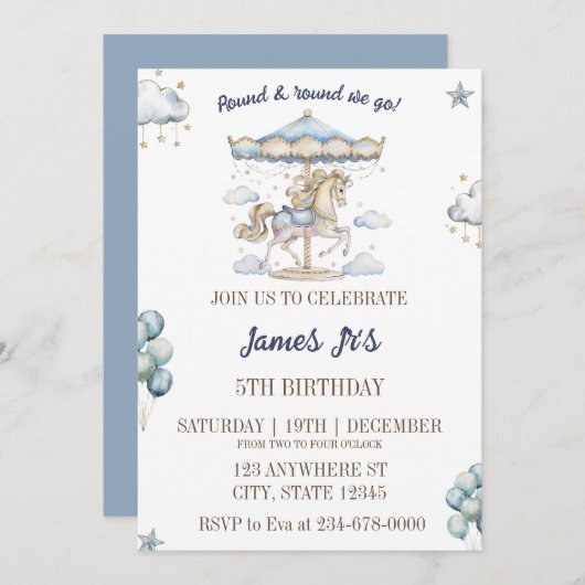 かわいい水彩魔法の回転木馬誕生日パーティー 招待状 (正面/裏面)