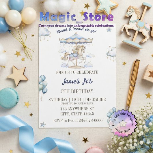 かわいい水彩魔法の回転木馬誕生日パーティー 招待状