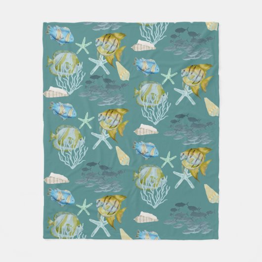 かわいい水彩魚の貝殻サンゴフリースブランケット フリースブランケット (正面)