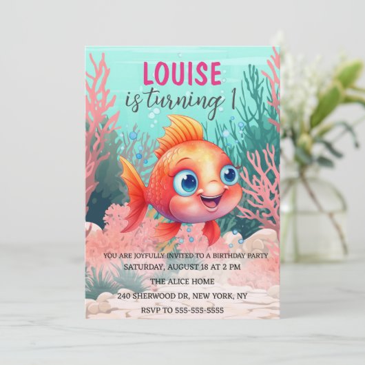 かわいい水彩魚ザシーズ誕生日 招待状 (スタンド正面)