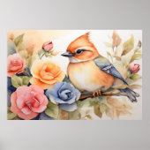 かわいい水彩鳥の花アートギフト ポスター (正面)
