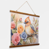 かわいい水彩鳥の花アートギフト 吊り下げ型タペストリー (傾斜あり)