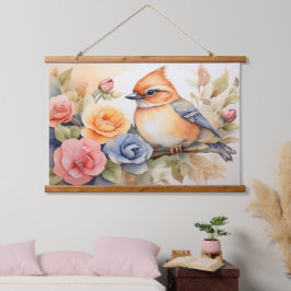 かわいい水彩鳥の花アートギフト 吊り下げ型タペストリー