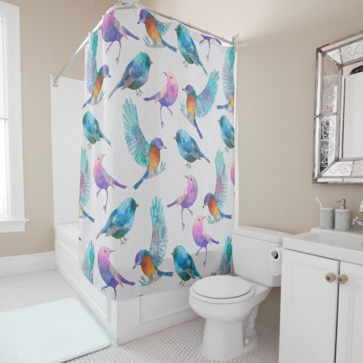 かわいい水彩鳥カラフルたち シャワーカーテン (インサイチュ)