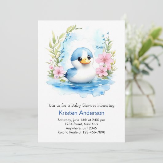 かわいい水彩鴨の野草少年ベイビーシャワー 招待状 (スタンド正面)