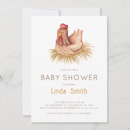 かわいい水彩鶏の赤ちゃんシャワー 招待状 (正面)