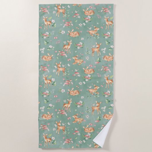 かわいい水彩鹿のパターン ビーチタオル (正面)