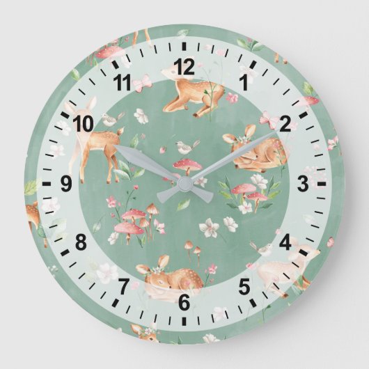 かわいい水彩鹿のパターン ラージ壁時計 (正面)