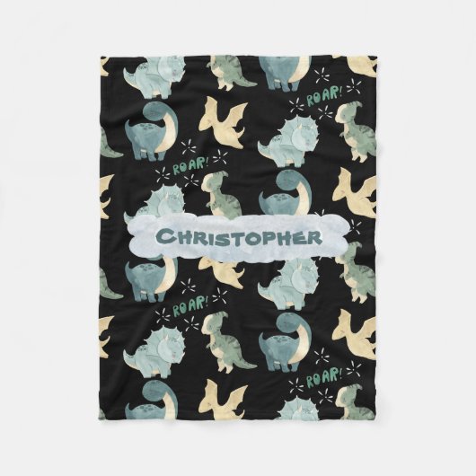 かわいい水彩黒恐竜のパターン フリースブランケット (正面)