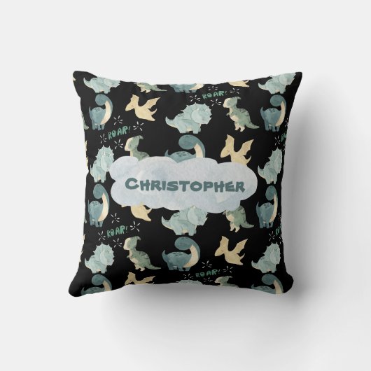 かわいい水彩黒恐竜パターンティール(緑がかった色)名 クッション (裏面)