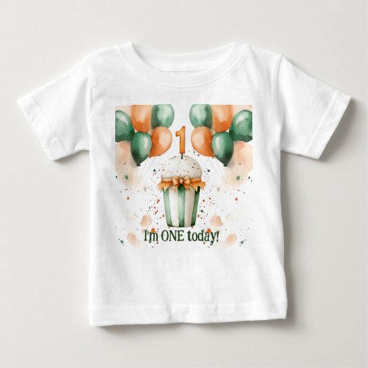 かわいい水彩1歳誕生日ケーキ & 風船 ベビーTシャツ (正面)
