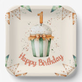 かわいい水彩1stバースデーカップケーキ ペーパープレート (正面)