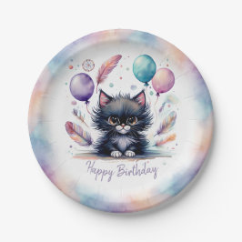 かわいい水彩 黒子猫 風船 誕生日  ペーパープレート