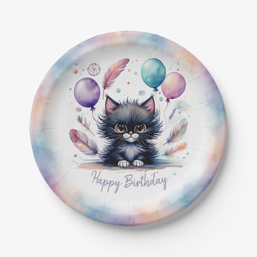 かわいい水彩 黒子猫 風船 誕生日 ペーパープレート (正面)