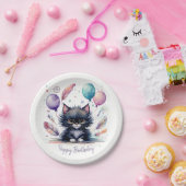 かわいい水彩 黒子猫 風船 誕生日 ペーパープレート (パーティー)