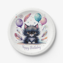 かわいい水彩 黒子猫 風船 誕生日  ペーパープレート