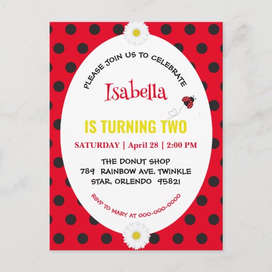 かわいい水玉のてんとう虫のデイジーちゃんの誕生日パーティー ポストカード (正面)