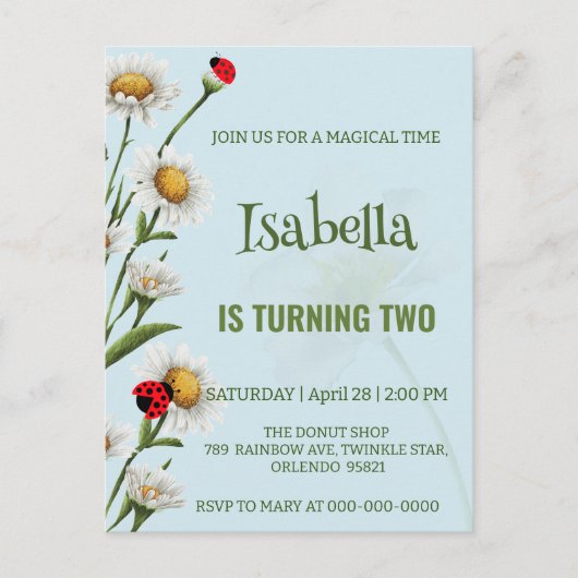 かわいい水玉のてんとう虫 青いデイジー 子供の誕生日 ポストカード (正面)
