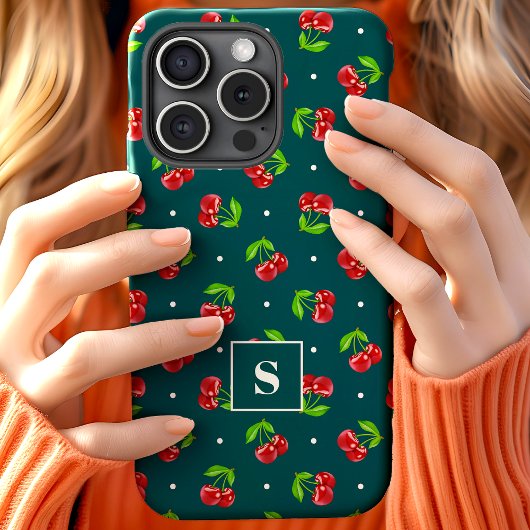 かわいい水玉のチェリーがアクセントのターコイズモノグラム Case-Mate iPhoneケース