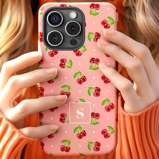かわいい水玉模様さくらんぼオンピンクモノグラム Case-Mate iPhoneケース