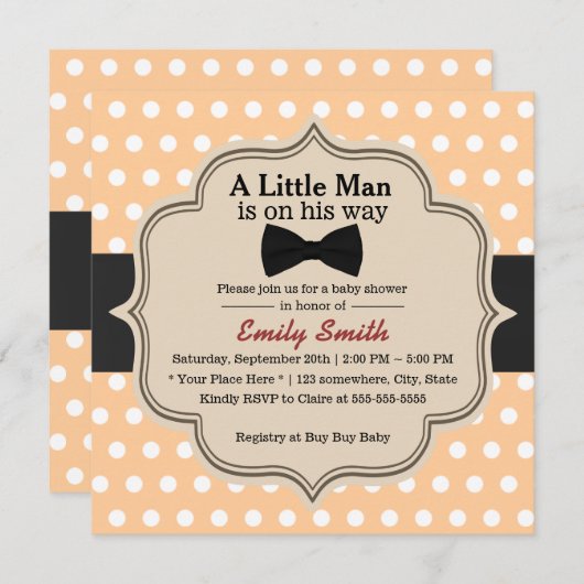 かわいい水玉模様のちょうネクタイの小さい人のベビーシャワー 招待状 (正面/裏面)