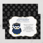 かわいい水玉模様のフクロウの少年 卒業おめでとう 招待状 (正面/裏面)