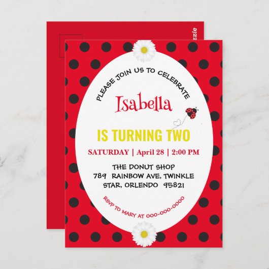 かわいい水玉模様のレディバグ ダイシーの子供の誕生日パーティー ポストカード (正面/裏面)