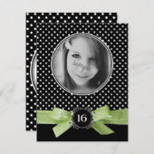 かわいい水玉模様の写真の菓子16のライムグリーンのリボン 招待状 (正面/裏面)