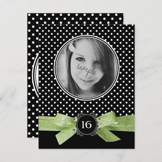 かわいい水玉模様の写真の菓子16のライムグリーンのリボン 招待状 (正面/裏面)