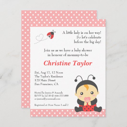 かわいい水玉模様ズラディブガールベビーシャワー 招待状 (正面/裏面)