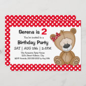 かわいい水玉模様テディベアーガールズバースデーパーティー 招待状 (正面/裏面)