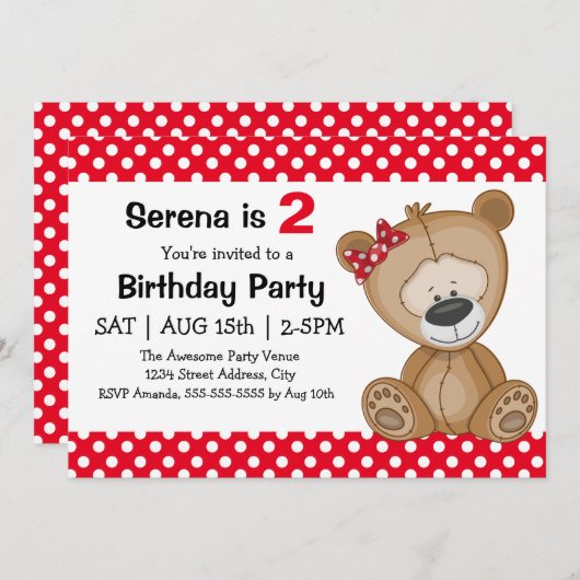 かわいい水玉模様テディベアーガールズバースデーパーティー 招待状 (正面/裏面)