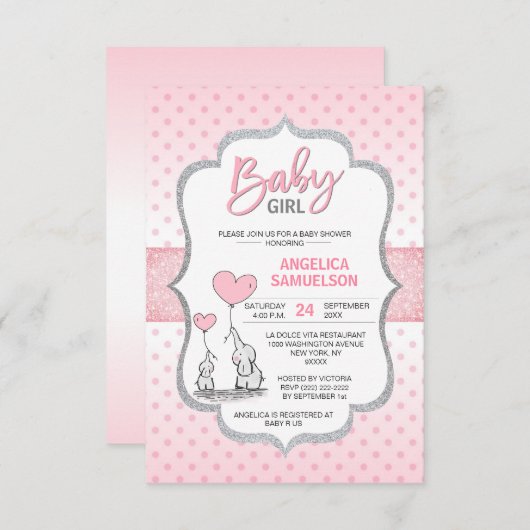 かわいい水玉模様ピンク灰色の象の赤ちゃんシャワー女の子 招待状 (正面/裏面)