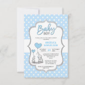 かわいい水玉模様ブルーグレーエレファントベビージャーシャワー少年 招待状 (正面)
