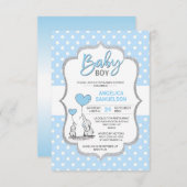 かわいい水玉模様ブルーグレーエレファントベビージャーシャワー少年 招待状 (正面/裏面)