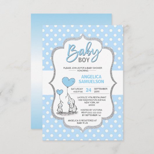 かわいい水玉模様ブルーグレーエレファントベビージャーシャワー少年 招待状 (正面/裏面)