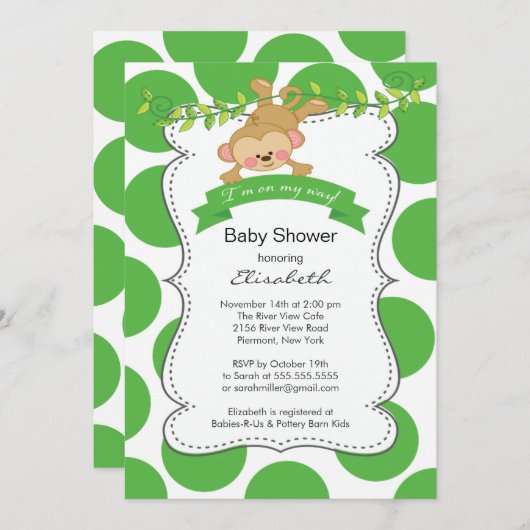 かわいい水玉模様モンキーベビー男女兼用シャワー 招待状 (正面/裏面)