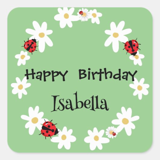 かわいい水玉模様ラディバグデイジーフラワーバースデーパーティー スクエアシール (正面)