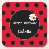 かわいい水玉模様ラディバグデイジーフラワーバースデーパーティー スクエアペーパーコースター (正面)
