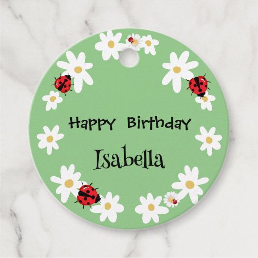 かわいい水玉模様ラディバグデイジーフラワーバースデーパーティー フェイバータグ (正面)