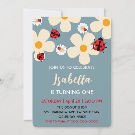 かわいい水玉模様ラディバグデイジーフラワー1st誕生日 招待状 (正面)