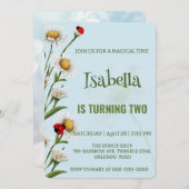 かわいい水玉模様ラディバグブルーデイジー子供の誕生日 招待状 (正面/裏面)